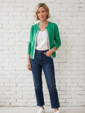 BANANA REPUBLIC Women's Size Medium  Green Beaded Cardigan Sweater Cotton   NWT